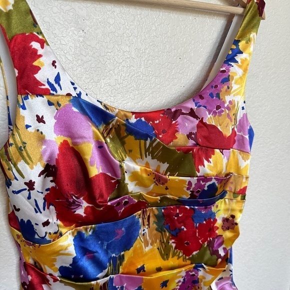 Bisou Bisou By Michele Bohbot Floral Yellow Red Silky Satin Layered Dress - Picture 3 of 6